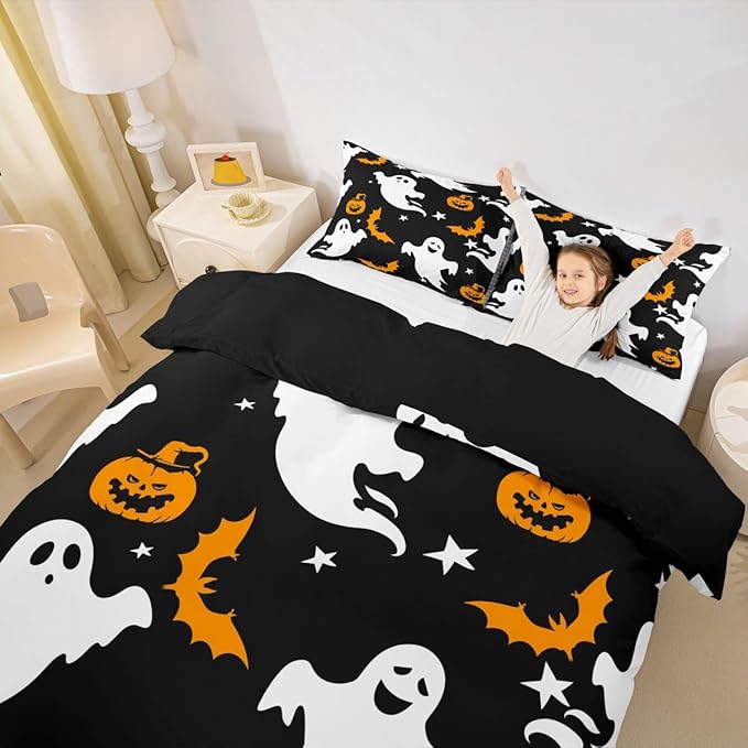 Halloween Bedding Duvet Cover Set Kids Cartoon Ghost Pumpkin Lantern Bedding Set Kids Trick or Treat Decor Comforter Cover Set Microfiber Bat Galaxy Night Bedspread Cover Bedroom Bedclothes King Size