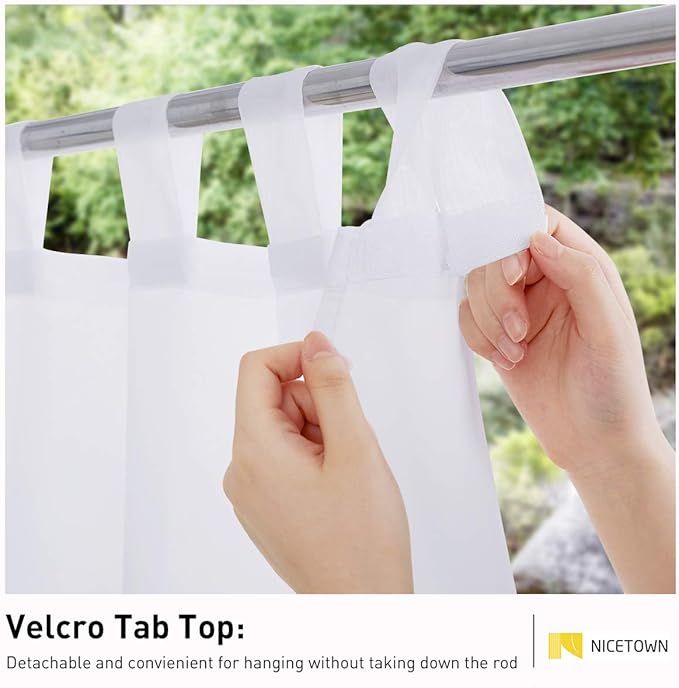 NICETOWN 2 Panels Living Room Sheer Waterproof Curtains, Sticky Tab Top Porch Decor Indoor Outdoor Curtains & Drapes Lightweight & Airy for Garden/Sun Room, White, W54 x L108