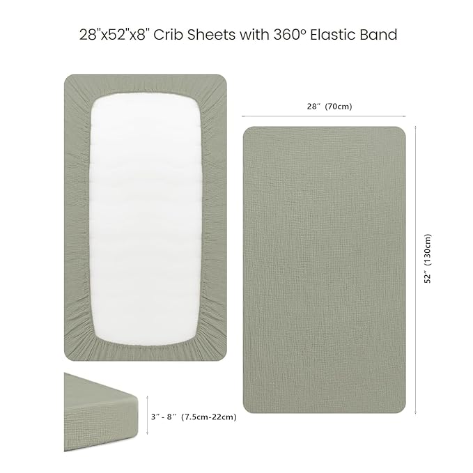 Konssy Muslin Crib Sheets for Boys, Soft Cotton Neutral Baby Sheets for Standard Crib Mattress 2 Pack, 52"x28" (Fog Green,Cream)