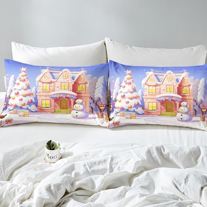 Feelyou Xmas Christmas Comforter Cover Set Christmas House Duvet Cover for Kids Boys Girls Bedroom Bed Decor Christmas Bedding Set Queen Size Soft Bedspread Cover,No Comforter
