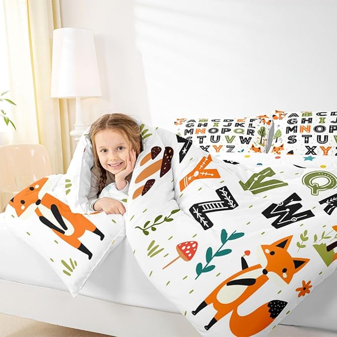 Feelyou Educational Nursery Art Comforter Set Full Size Alphabet Kids ABC Learning Bedding Set for Kids Boys Girls Cute Fox Duvet Quilt Woodland Animals Bedroom Decor 3 Pcs with 2 Pillow Cases