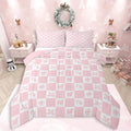 Feelyou Christmas Comforter Set Twin Size Checkered Pattern Bedding Set for Kids Boys Girls Holiday Theme Duvet Quilt Xmas Decorations Bedroom Decor Pink Microfiber 2 Pcs with 1 Pillow Cases