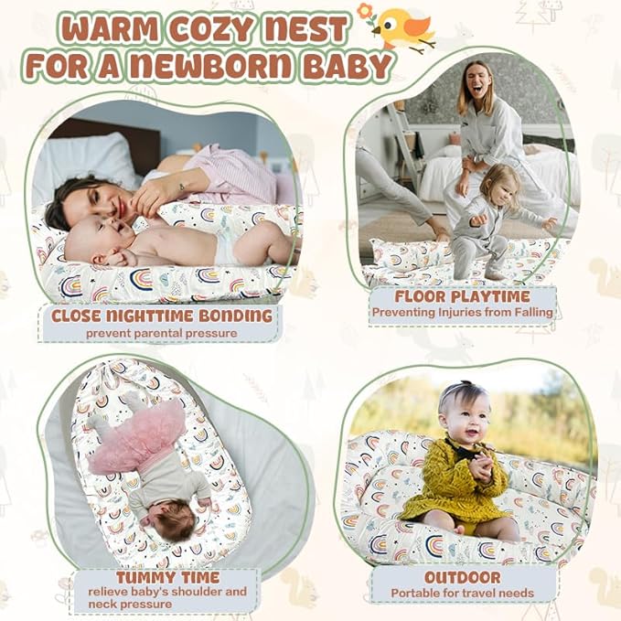 JIFTOK Baby Nests Lounger for Newborn, Snuggle Bassinet for 0-24M, Breathable Portable Co Bed, Baby Essentials Adjustable Infant Soft Cotton Loungers for Home & Travel -Rainbow