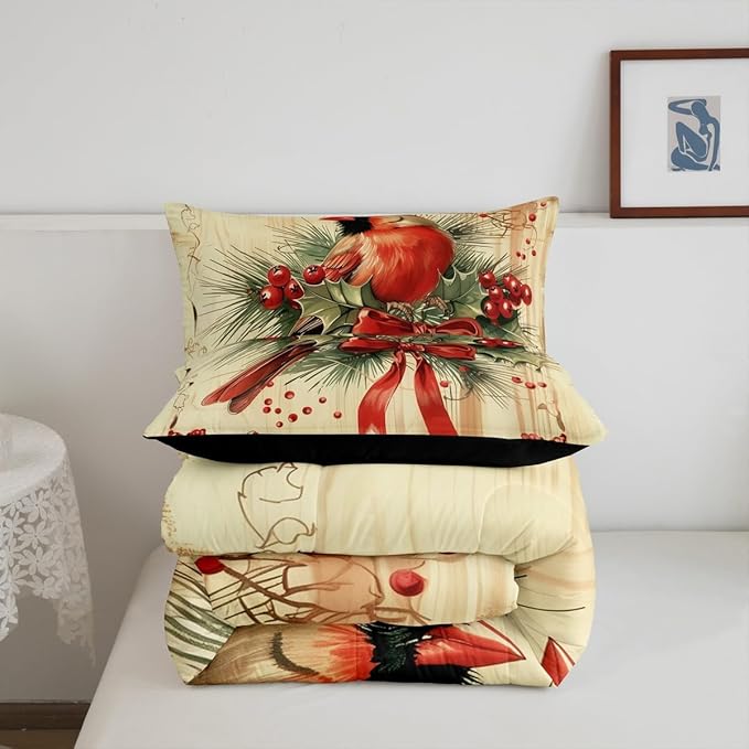 jejeloiu Kids Red Cardinal Comforter Set King Size Christmas Red Black Plaid Bow Bedding Set for Boys Girls Teens Xmas Birds Animal Winter Wood Plank Duvet Quilt Room Decor