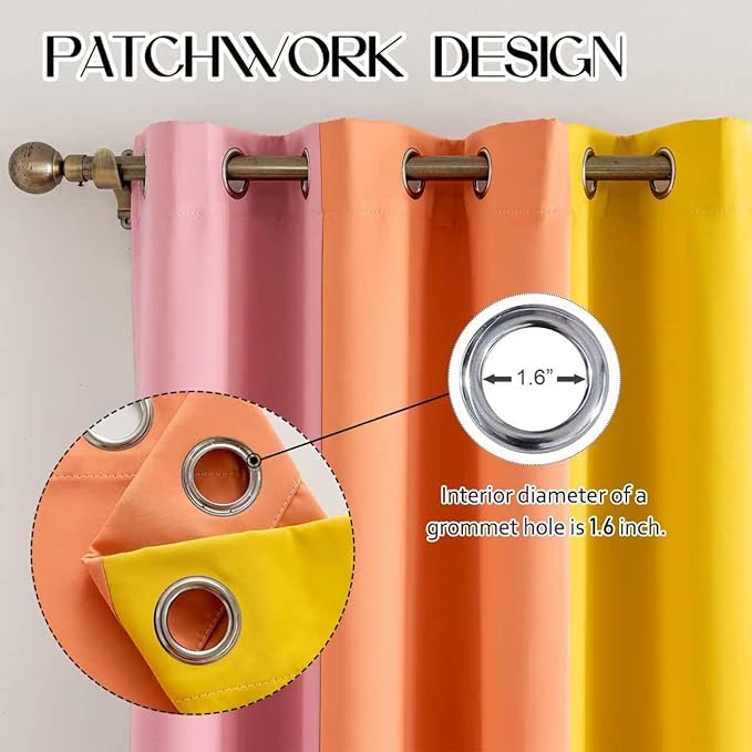 Rainbow Curtains Made with a Patchwork of Pink, Orange, Yellow, Green, Blue, and Purple for Kids Bedroom Blackout Colored Curtains for Bedroom Classroom (2 Panels, W52 X L63)