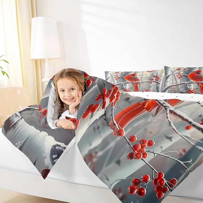 jejeloiu Kids Red Cardinal Comforter Set Twin Size Christmas Theme Bedding Set for Boys Girls Teens Xmas Birds Winter Rustic Country Farm Animal Duvet Quilt Room Decor