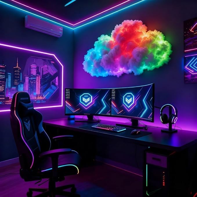LED Cloud Light with Music Rhythm,DIY USB-Powered Thundercloud LED Light Decor for Bedroom & Gaming Room - USB Powered,Vibrant Glow, No Drill Roof for Christmas/New Year Gifts (6.56ft)