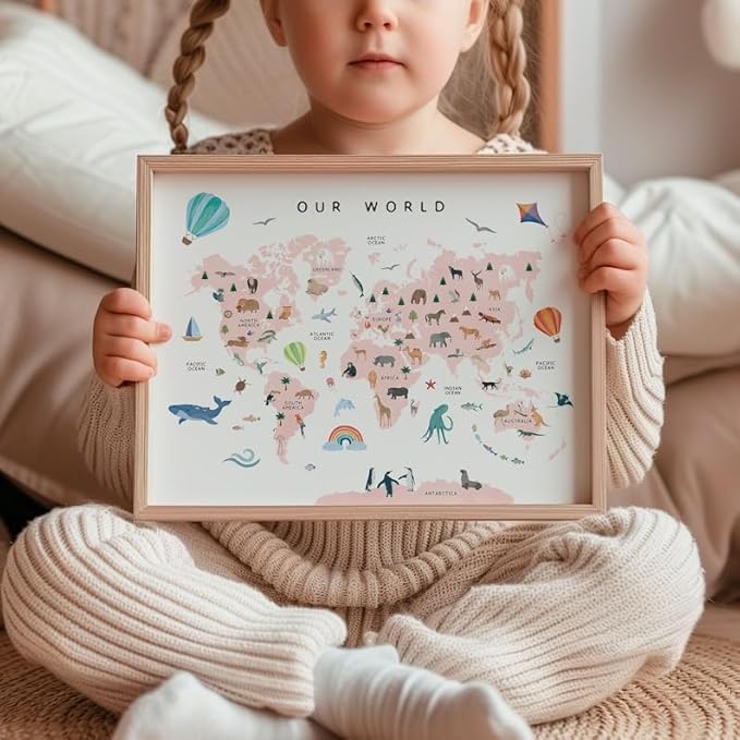 OZCONO World Map Learning Poster, Colorful Animal Chart Kids, Preschool Wall Decor Art, Homeschool Education Guide (Unframed) (20x30)