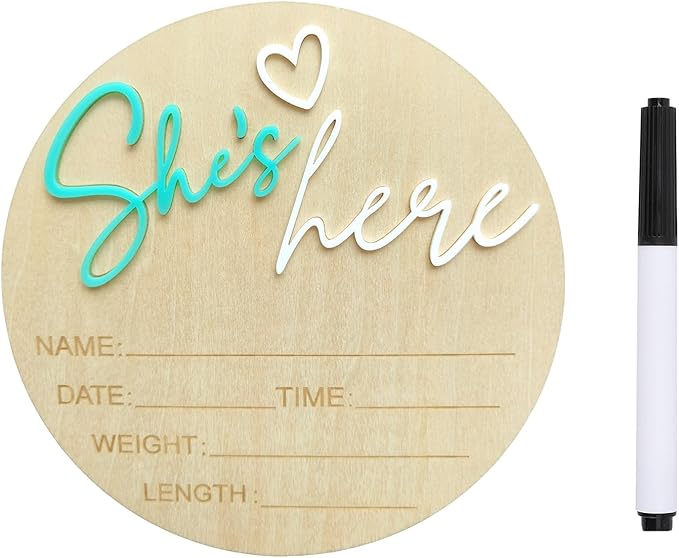 Baby Announcement Sign, 5.9 Inch Wooden Hello World Newborn Signs, Birth Announcement Sign, Gender Reveal Signs, She's here Decoration, Welcome Newborn Arrival To World, Hospital Nursery for Baby (Green She's)