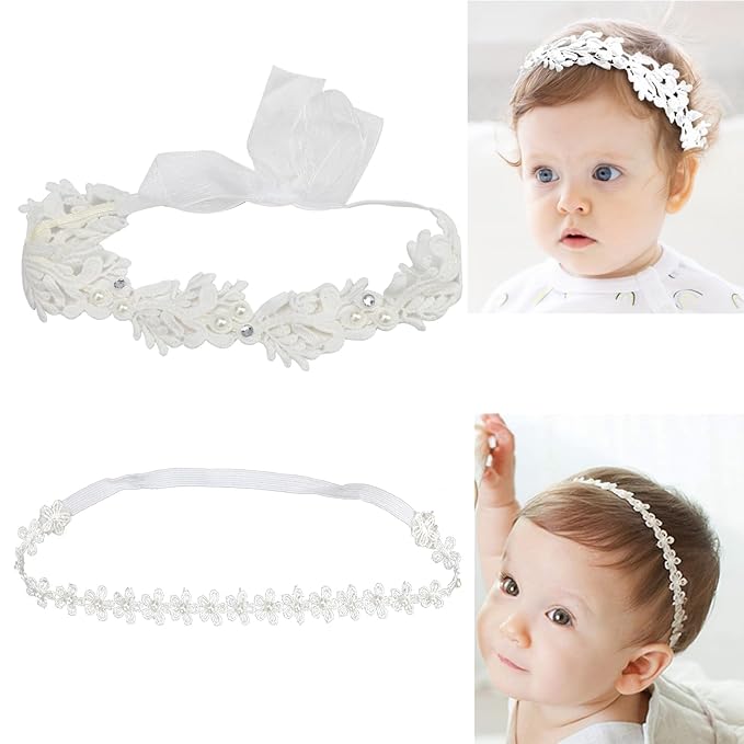 Elegant White Flower Christening Headbands for Baby Girl, Elastic Soft Lace with Cute Tulle Pearl Hair Strap, Stretchy Baptism Halo for Pure Newborns Infants Toddlers (Over 6 Months) (2 Pack 18-20in)