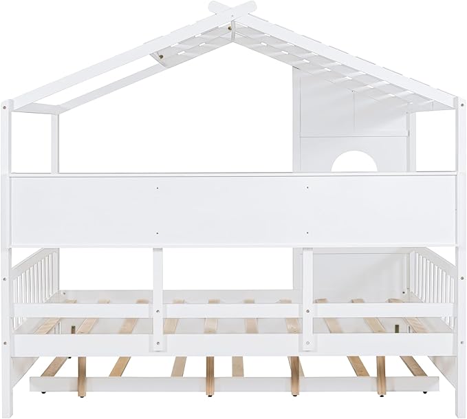 Harper & Bright Designs Full Size Modern House Bed with Roof, Wooden Twin Kids House Bed Frame with Trundle and Storage Shelf, White
