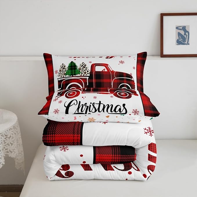 Manfei Xmas Truck Comforter Set Full Size, Christmas Tree Snowflake Print Bedding Set 3pcs for Kids Boys Girls Bedroom Decor, New Year Theme Red Plaid Print Quilt Set with 2 Pillowcases