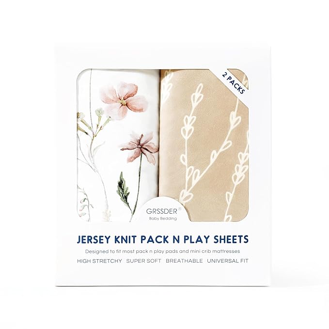 Stretchy Ultra Soft Jersey Knit Fitted Pack n Play Sheets Set 2 Pack, Portable/Mini Crib Sheets for Girls, Universal Fit for Pack N Plays Safe and Snug, Dream Print