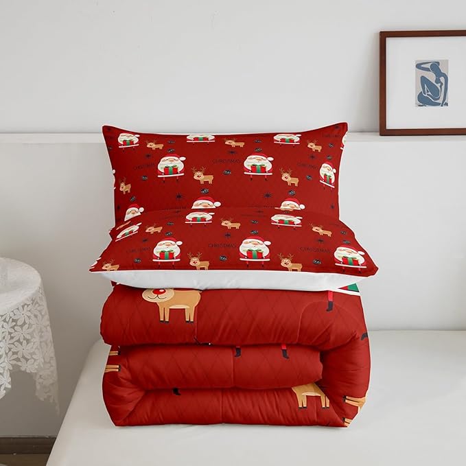 Feelyou Santa Claus Comforter Set Christmas Deer Decorations Bedding Set for Kids Boys Girls Winter Snowflake Comforter Merry Christmas Khaki Red Quilt Collection 3Pcs Queen Size