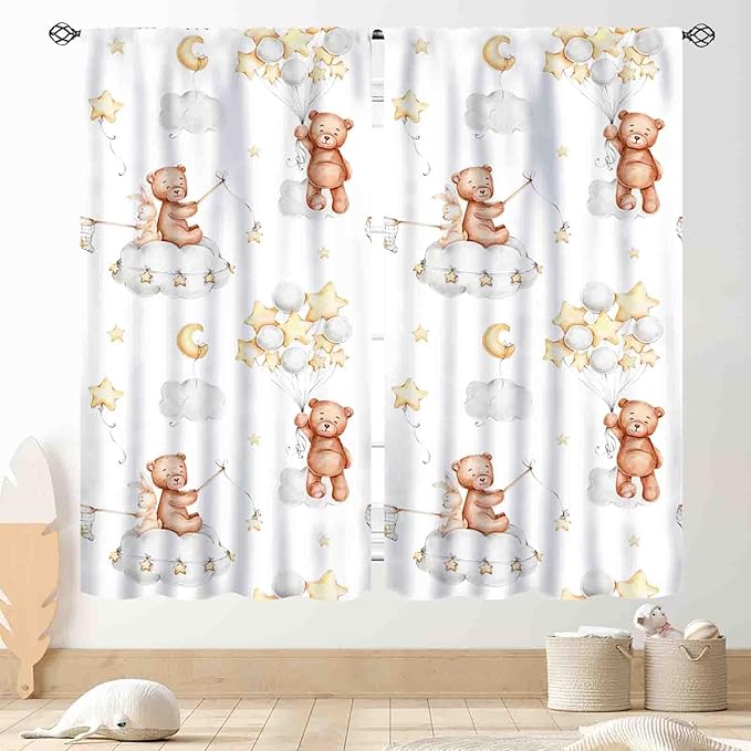 Cartoon Bear Curtains, Kids Boys Girls Cute Lovely Bear Star Cloud Ballon Pastel Window for Baby Living Room Bedroom Nursey Toddler Classroom 2 Panels, 63"x63" Inch