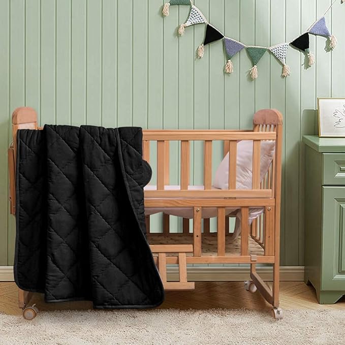 FLXXIE Machine Washable Microfiber Down Alternative Toddler Comforter, Super Soft and Lightweight Kids Crib Quilted Blanket for Stroller, Travel, 39x47 Inches, Black