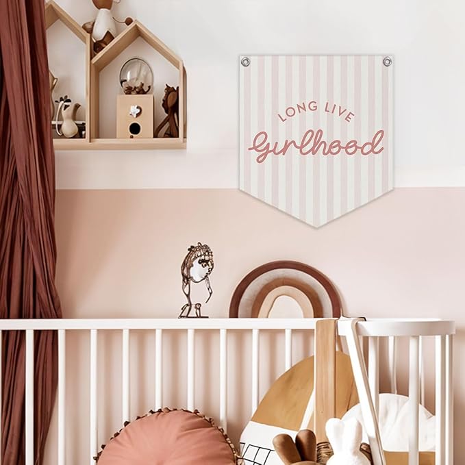 Lacama Girl Room Decor, Long Live Girlhood Linen Banner Hanging Flag Retro Pink Banner for Nursery Playroom Wall Decor for Kids Bedroom Dorm Toddler Decorations Trendy Room Decor 12.4x14 in