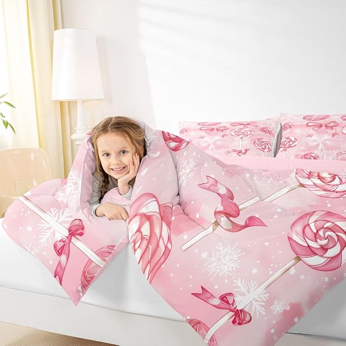 Feelyou Pink Bow Comforter Set Full Size Pink Lollipops Bedding Set for Kids Boys Girls Watercolor-Style Duvet Quilt Xmas Snowflake Bedroom Decor Christmas Microfiber 3 Pcs with 2 Pillow Cases