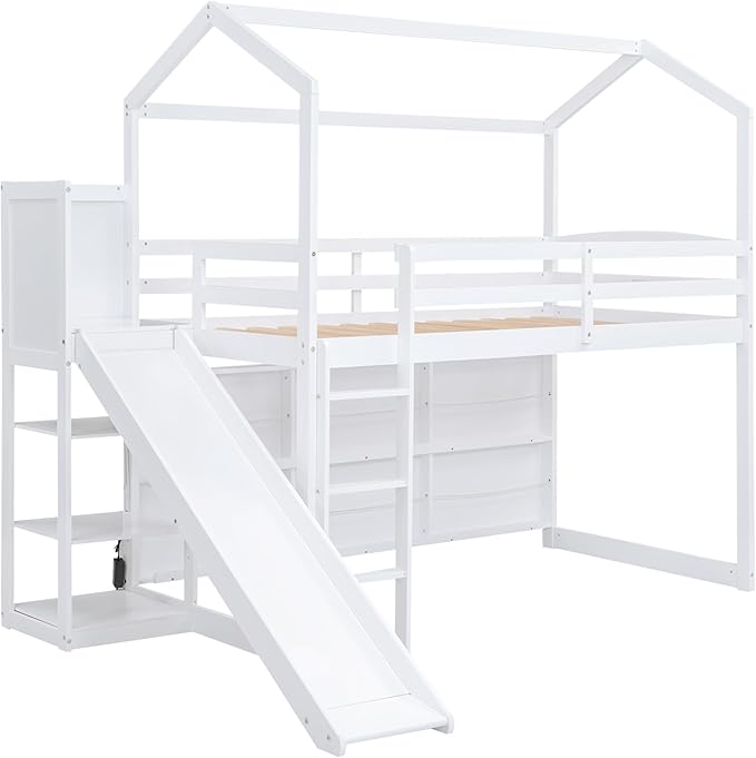 Playful Twin Size Wood House Loft Bed with Slide and Climbing Ramp, Multiple-Function Low Loft Bed Frame with Storage Shelves and Light for Kids Teens Boys Girls Bedroom (White-C)