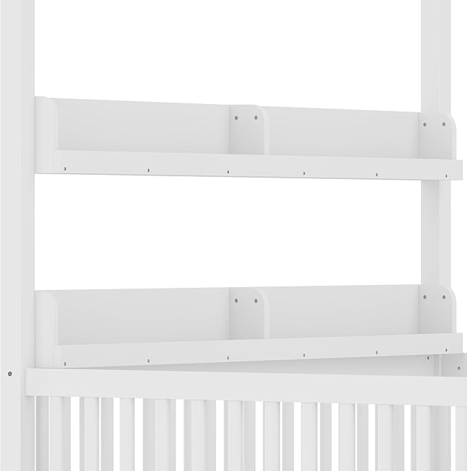 Polibi Full Size Montessori Floor Bed with Guardrails, Low Profile Solid Wood Canopy Frame with Built-in Shelves, No Box Spring Needed, for Kids & Teens, White