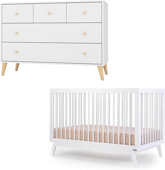 dadada Baby Harmony Nursery Set, Furniture Set. Baby Crib and Dresser Combo. Soho 3 in 1 Convertible Crib and Austin 5 Drawer Nursery Dresser. White Beechwood