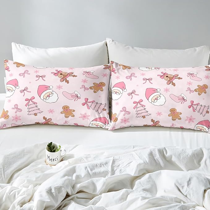 Kids Pink Christmas Bedding Set Toddler Size Merry Christmas Snowman Duvet Cover for Boys Girls Teens Bedroom Decor Santa Claus Comforter Cover Soft Microfiber Xmas Tree Deer With 1 Pillow Case