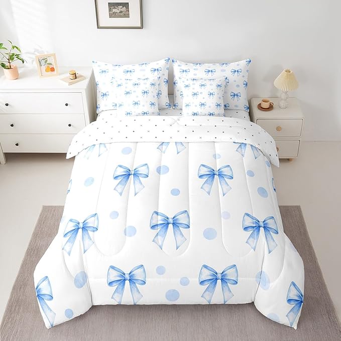 7 Pieces Blue Bowknot Kids Comforter Queen Size,Geometric Dots Bow Tie Patchwork Romantic Bedding Set,Bow Knot Princess Cute White Chic（Comforter+Fitted+Flat+2 Pillowcases+2 Throw Pillow Covers）