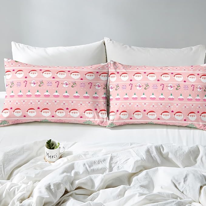 Merry Christmas Decorative Pink Comforter Cover Full Size Xmas Cartoon Santa Claus Snowmen Duvet Cover Winter New Year Bedding Set Gifts for Kids Boys Girls 2 Pillow Cases