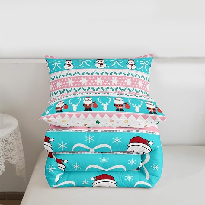 Feelyou Merry Christmas Tree Bedding Set Soft for Boys Girls, Cute Snowman Comforter Set King Size Santa Claus Duvet Quilt Microfiber Cartoon Bowknot Bedroom Decor 3 Pcs with 2 Pillow Cases