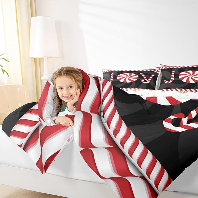 Kids Merry Christmas Comforter Set Full Size,Holiday Joy Sweet Candies Bedding,Girls Boys Adults Bedroom/Xmas Cabin Decor,Wave Geometric Retro Down Comforter,Red Black Duvet Insert,2 Pillowcases