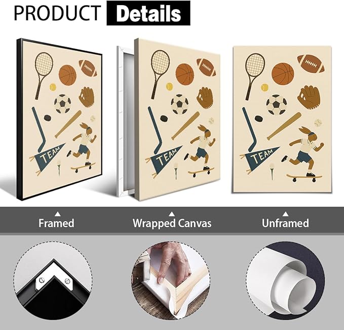 Sports Posters for Boys Bedroom, Boy Nursery Canvas Wall Art, Cute Animal Athletes & Sports Equipment Pictures, Charming Quotes Take Me Out To The Ball Game Play All Day Print 12x16in Framed