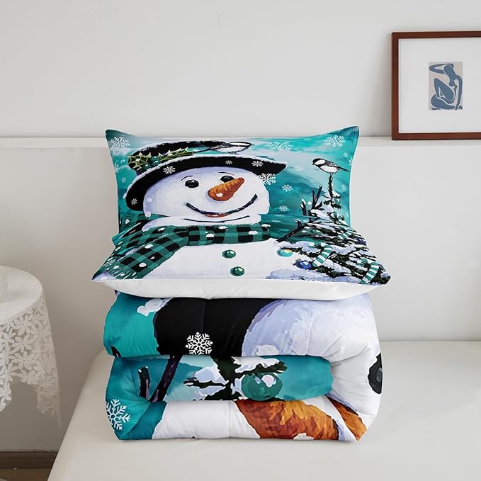 Feelyou Kids Christmas Theme Decorations Bedding Set Xmas Snowman Comforter Set for Boys Girls Watercolor Teal Bedroom Collection King Size
