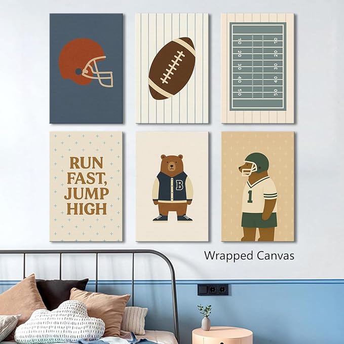 Football Poster Canvas, Baby Boy Sports Nursery Wall Art, Animal Bear Athletes Pictures, Run Fast Jump High Charming Quote Print, Kids Bedroom Soccer Equipment & Field Decor 16x24in Framed