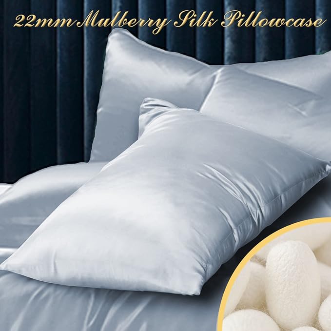 100% Mulberry Silk Pillowcase 2 Pack for Hair and Skin,with Hidden Zipper,Both Sides 22 Momme Natural Silk Pillow Cover,Soft Breathable & Smooth (Air Blue, Standard)