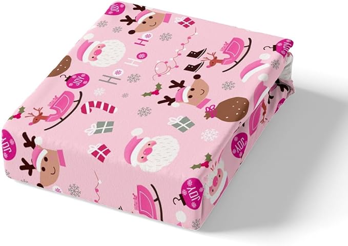 Manfei Christmas Duvet Cover Set Queen Size, Santa Claus and Reindeer Comforter Cover with 2 Pillowcases, New Year Pink Bedding Set 3pcs for Kids Girls Adult Lightweight Bedspread Cover,No Comforter