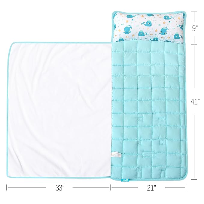 Biloban Toddler Nap Mat with Pillow and Blanket, Cot Nap Mats for Daycare Preschool, Portable Travel Sleeping Bag for Kids, Warm & Skin-Friendly, Blue Whale, 50" x 21"