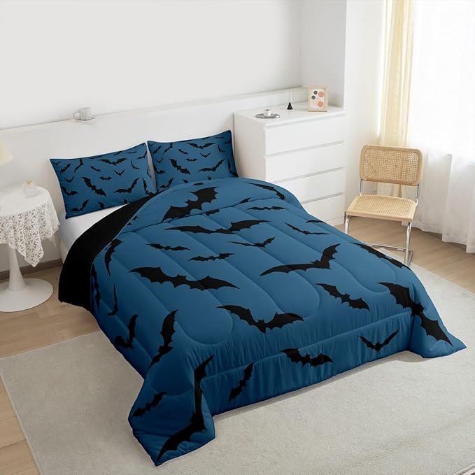 Erosebridal Halloween Bat Comforter Set Gothic Bats Bedding Set King Size,Black Blue Spooky Goth Quilt for Kids Boys Girls Adults Vintage Halloween Decor Down Comforter,Horror Room Decor