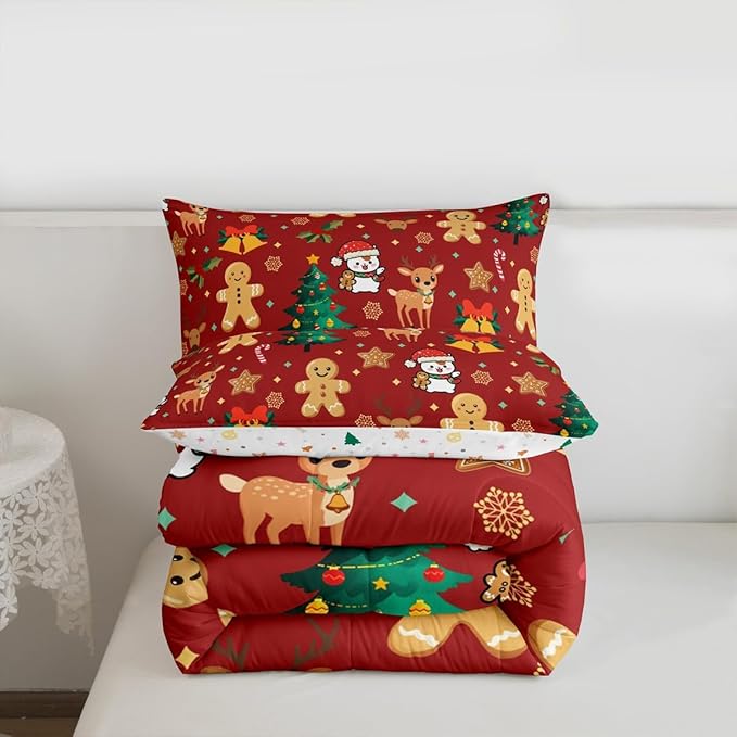 Feelyou Merry Christmas Comforter Set Full Size Gingerbread Man Bedding Set for Kids Boys Girls Cute Deer Duvet Quilt Christmas Tree Microfiber 3 Pcs with 2 Pillow Cases