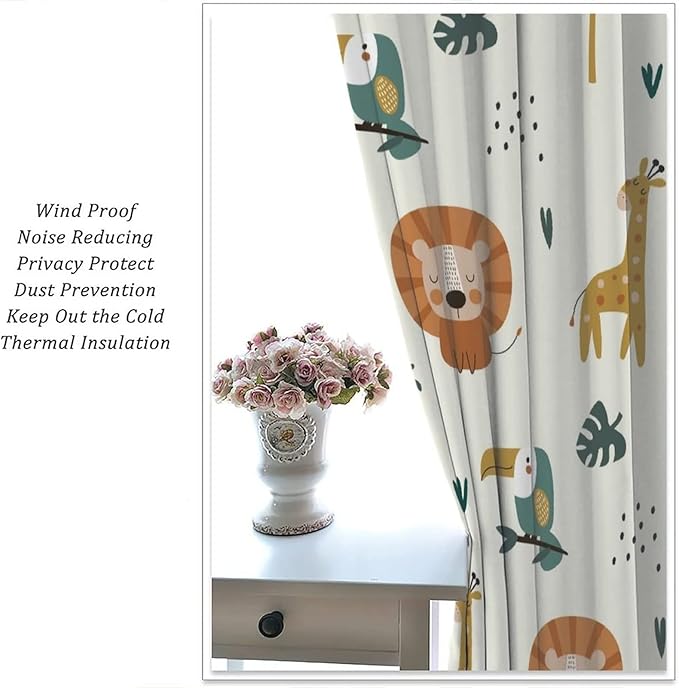 Cute Lion Window Curtains for Kids Bedroom,Cartoon Woodland Jungle Forest Wildlife Little Lion Giraffe Owl Palm Tree Printed Pattern Blackout Drapes for Living Room Baby Nursery Room 55x63in