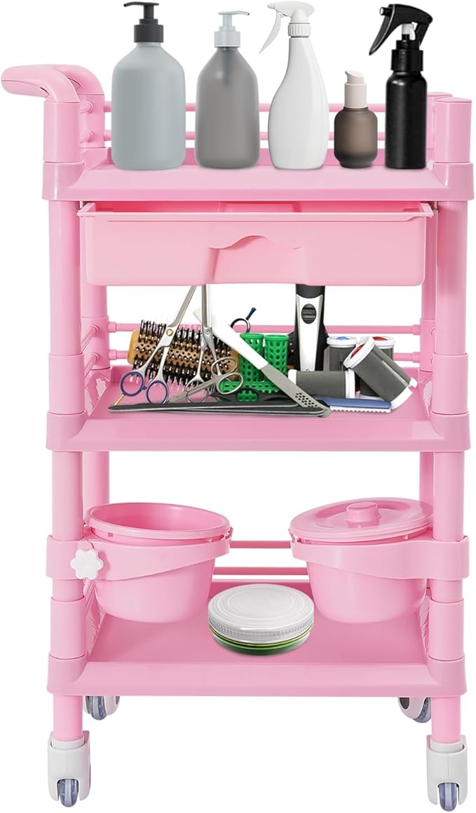 Medical Mobile Trolley Cart with 1 Drawers & 2 Trash Cans, 3 Tiers Portable Beauty Salon Rolling Trolley on Wheels, Medical Mobile Trolley Cart for Hospital Clinic Home, Pink