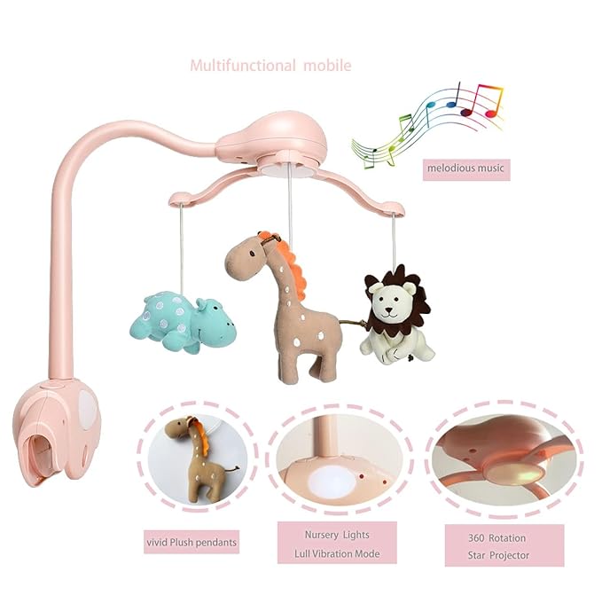 Baby Girl Crib Mobile for Pack and Playpen,Pink Bassinet Mobile with Music,Rotation,Nursy Lights,Natural Sounds,Timer Function,Starlight Projection,Pack n Play Crib Mobile for Baby