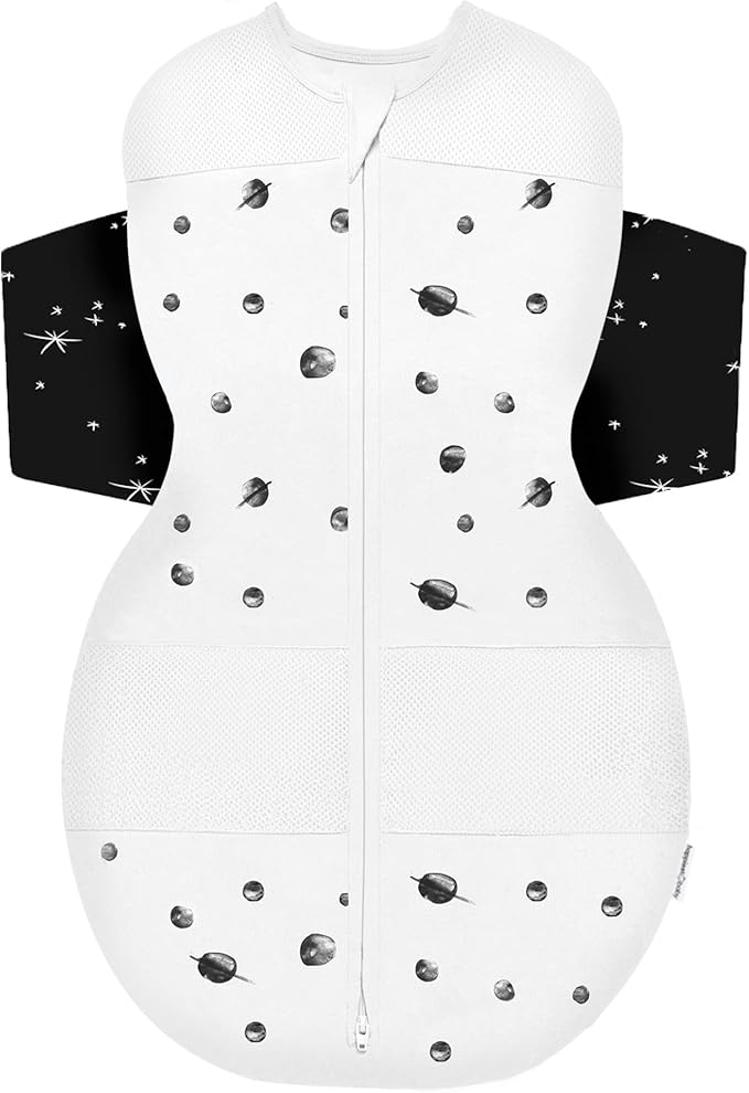 Happiest Baby SNOO Sleep Sack - 100% Organic Cotton Baby Swaddle Blanket - Doctor Designed Promotes Healthy Hip Development (Ivory Planets Black Wings, Medium)