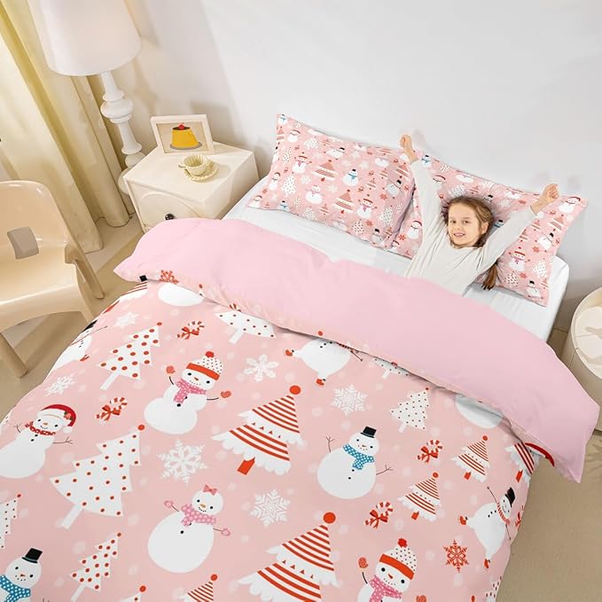 Christmas Kids Bedding Set Cartoon Snowman Bedding Duvet Cover Set for Boys Girls Christmas Tree Decor Comforter Cover Set Pink Dots Xmas Theme Bedspread Cover Bedroom Quilt Cover 3Pcs King Size