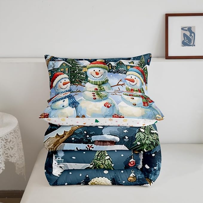 jejeloiu Kids Snowman Comforter Set Twin Size Countryside Christmas Theme Bedding Set for Boys Girls Teens Xmas Tree Snowflake Winter Happy New Year Duvet Quilt Room Decor