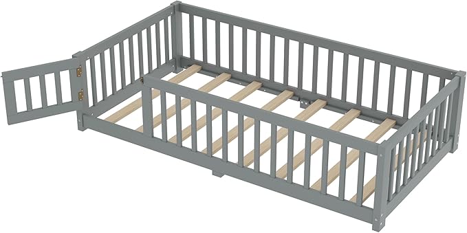 Harper & Bright Designs Twin Floor Bed Frame with Safety High Fence, Wood Montessori Bed with Door, Twin Size Floor Beds with Solid Wood Support Slats for Boys, Girls, Kids, Gray