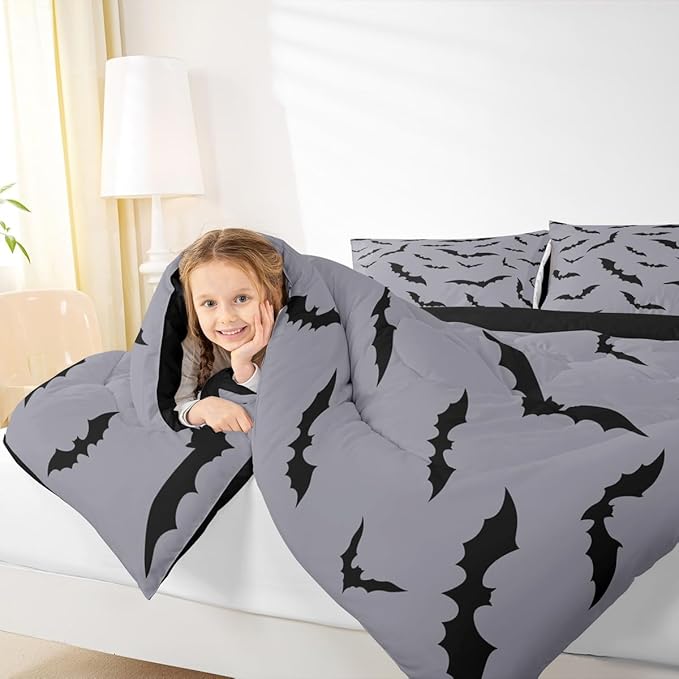 Erosebridal Halloween Comforter Set Black Bats Bedding Set Toddler Size,Black Grey Halloween Decor Quilt for Kids Boys Girls Adults Gothic Spooky Bat Down Comforter,Horror Animals Decorations