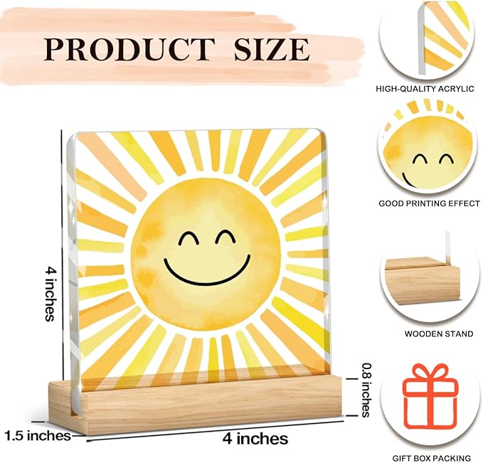Sunshine gifts Inspirational Sun Sunshine Acrylic Sign Desk Decor, Pop Smiles Rustic Farmhouse Wooden Block Sign Decorations for Home Office Girls Dorm Room Nursery Playroom Wall Tabletop Shelf Decor