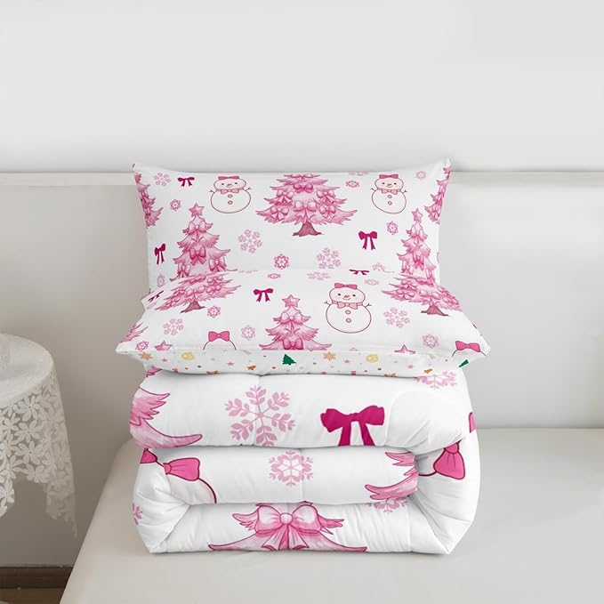 Feelyou Merry Christmas Kids Comforter Set Queen Size Cute Snowman Bedding Set Cartoon Bowknot Duvet Quilt for Kids Boys Girls Bedroom Christmas Tree Decor Microfiber Ultra Soft Breathable