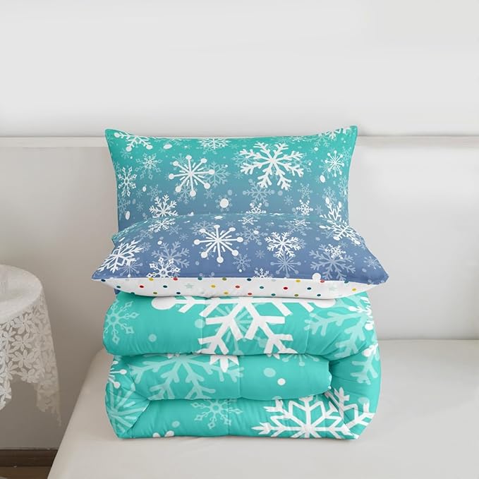 Feelyou Winter Snowflake Kids Comforter Set Queen Size Christmas Bedding Set Winter Holiday Duvet Quilt for Kids Boys Girls Bedroom New Year Decor Microfiber Ultra Soft Breathable