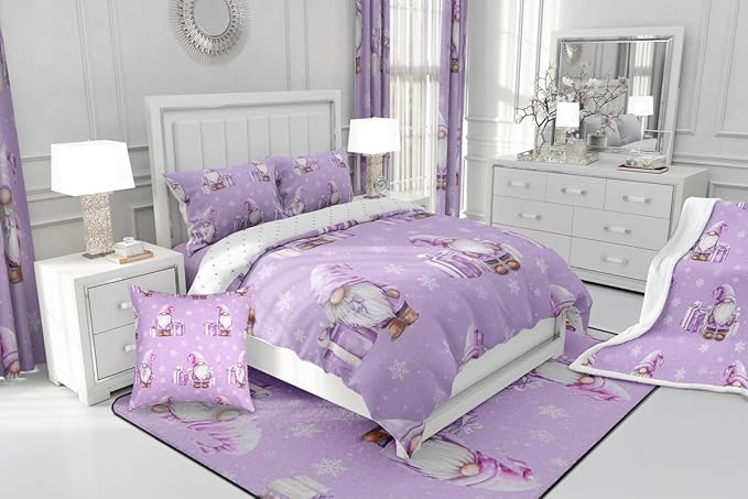 Feelyou Purple Christmas Kids Comforter Set King Size Scandinavian Christmas Santa Gnomes Bedding Set Xmas Snowflake Duvet Quilt for Kids Boys Girls Bedroom Decor Ultra Soft Breathable